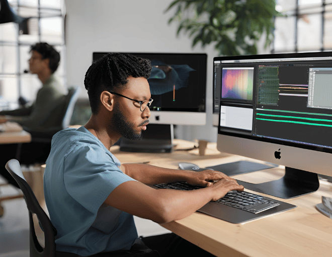 A male editor focuses intently on a Mac PC, working on video edits with professional software in a modern workspace.