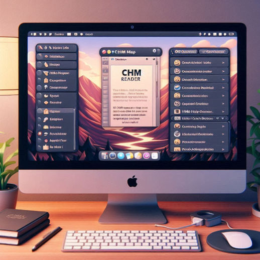 A Mac desktop PC showing an interface showcasing the CHM Reader tool, displaying an open Compiled HTML Help file with navigation and conversion options.