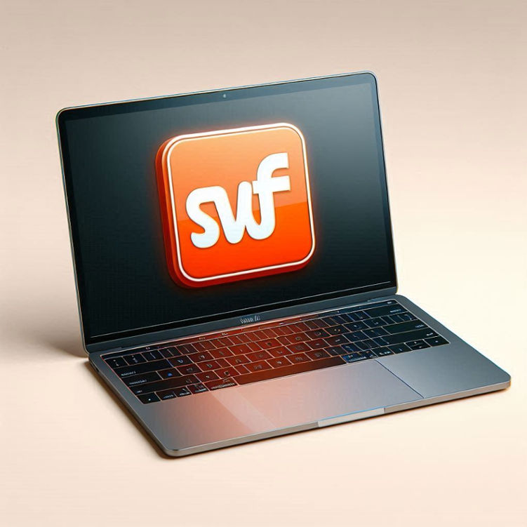 A MacBook Air displaying an SWF file logo on its screen, with a sleek, modern design and bright display.