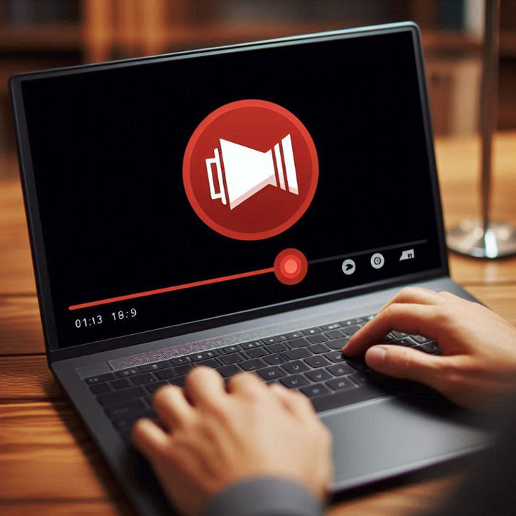 A laptop screen displays a red screen recording button icon, signaling that the screen is actively being recorded.