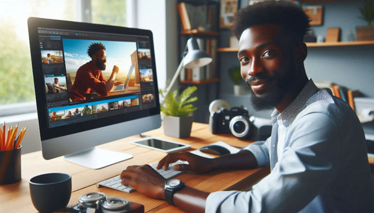 A man sits at his office desk, using a desktop computer with a video playing on the screen.