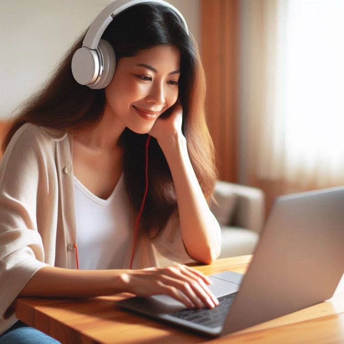 A woman with headphones, focused on her laptop screen, is engaged in work or leisure, enjoying a seamless digital experience.