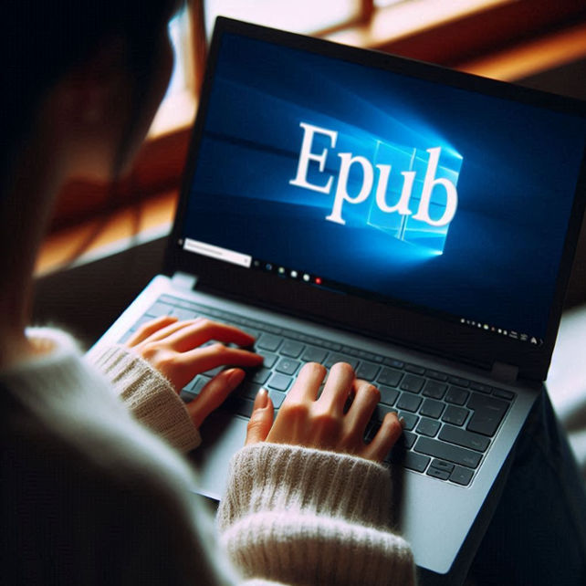 A woman’s back is visible as she types on a Windows laptop; the screen displays the word ePUB prominently.