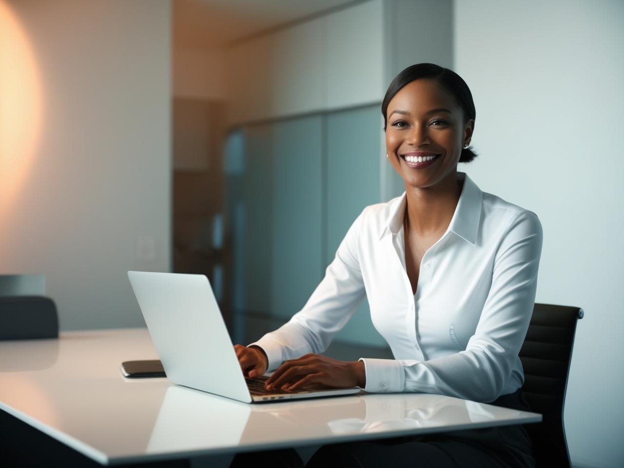 Business professional at modern desk during software onboarding in natural lighting.