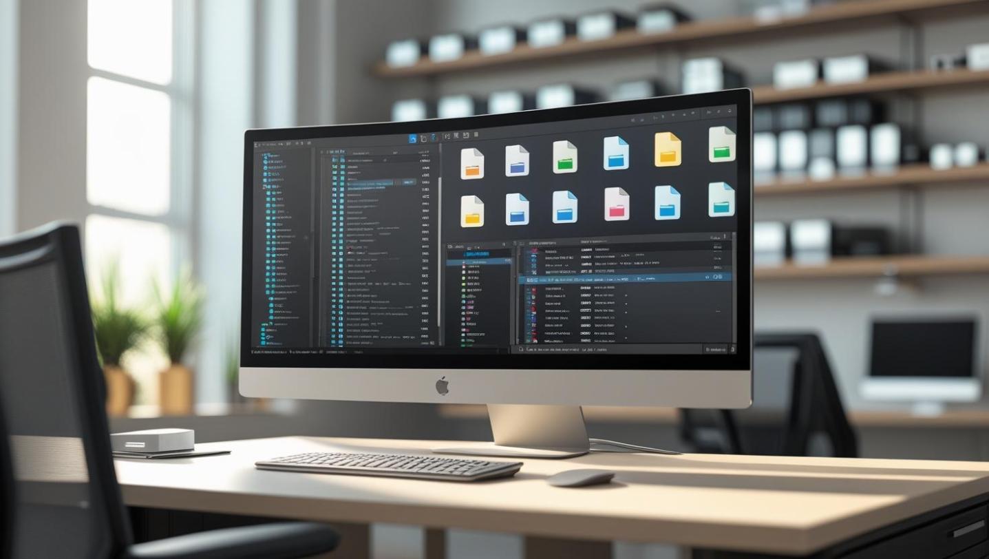 High-end computer converting multiple files in bright office with professional workspace.