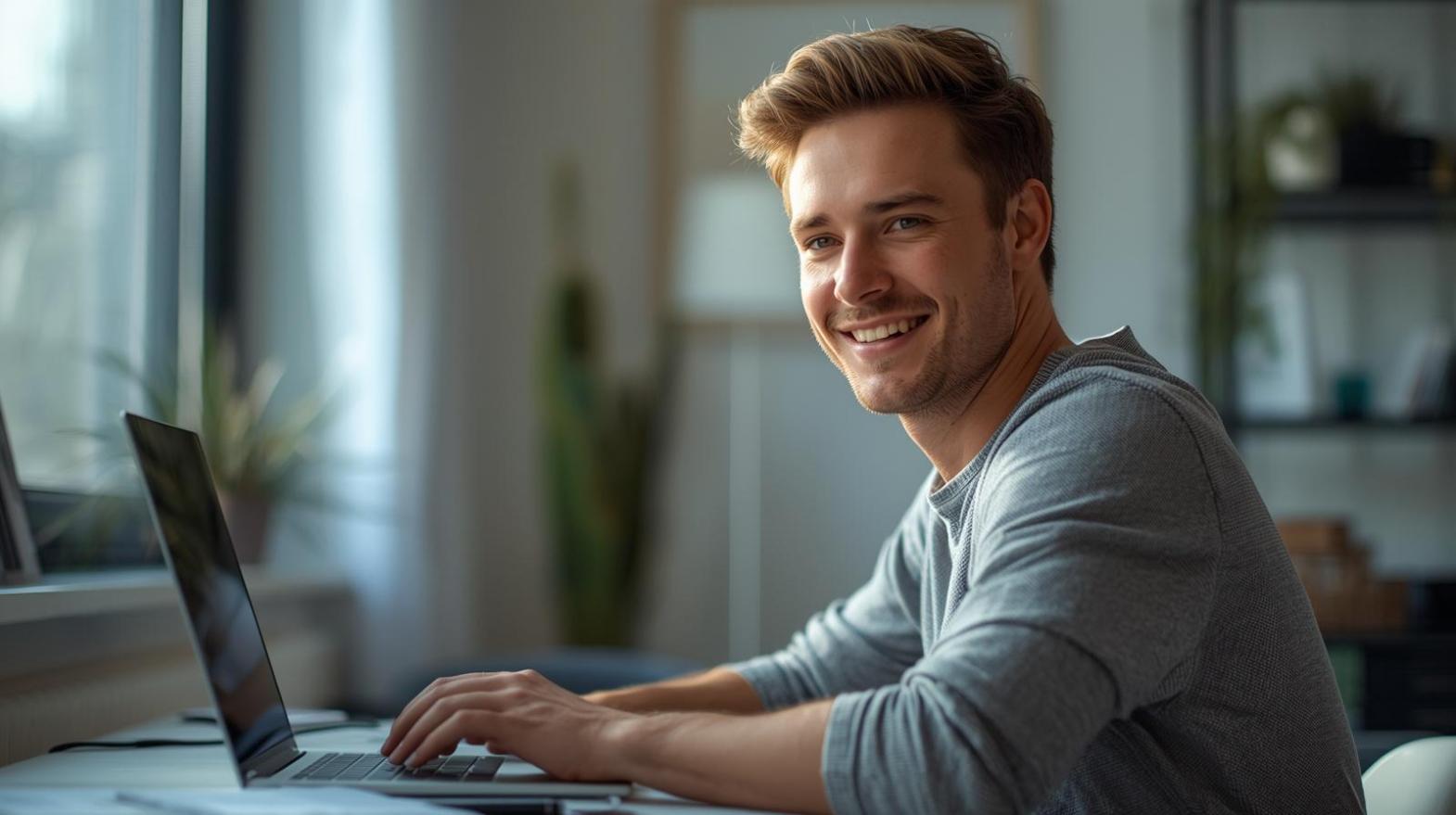 Man using laptop smoothly converting files in a bright workspace environment.